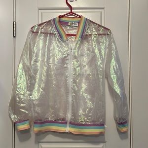 Iridescent jacket with colourful cuffs! Lots of fun and definitely unique!